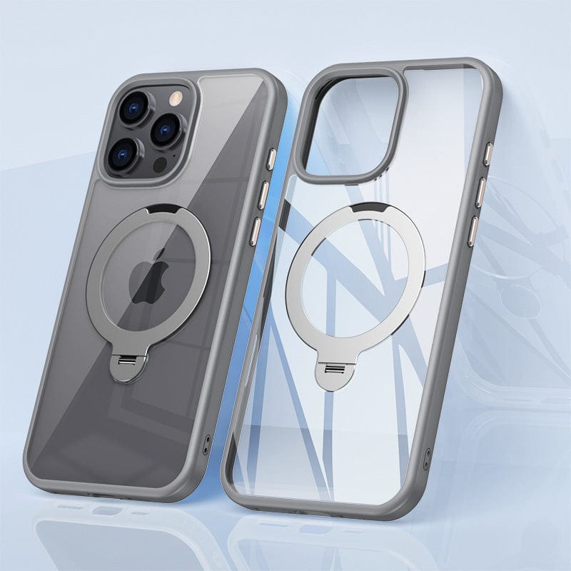 Two Ultra-Thin iPhone 16 Pro Max Cases with 360° Rotating Ring Stands. The case on the left is dark grey, and the one on the right is transparent with grey edges. Both cases are MagSafe Compatible and feature circular designs in the center, made from shockproof silicone.