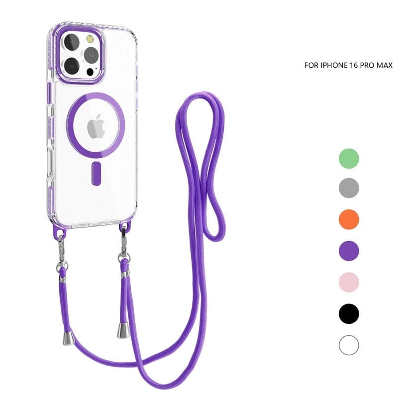 MagSafe Compatible iPhone 16 Pro Max Case with Lanyard featuring a purple border and clear design that highlights the MagSafe ring, available in multiple colors.