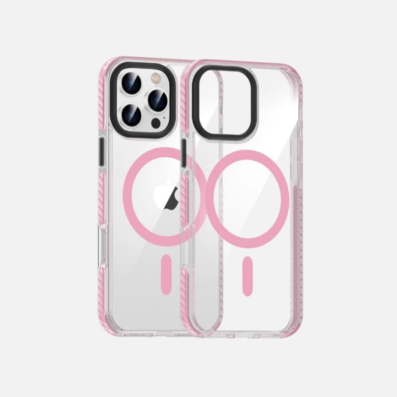 Two iPhone 16 Pro Max Clear MagSafe Cases, each shockproof with air cushion corners and made from TPU+PC material with metal buttons, are displayed against a plain white background. These cases feature pink accents for the back and sides, including a pink circle design for MagSafe compatibility.