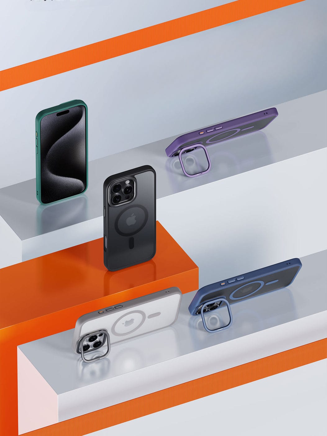 Several smartphones with different colored cases are displayed on staggered shelves, including the latest MagSafe iPhone 16 Pro Max Case with Invisible Stand - made from TPU material for anti-scratch and drop protection, against a white and orange background.