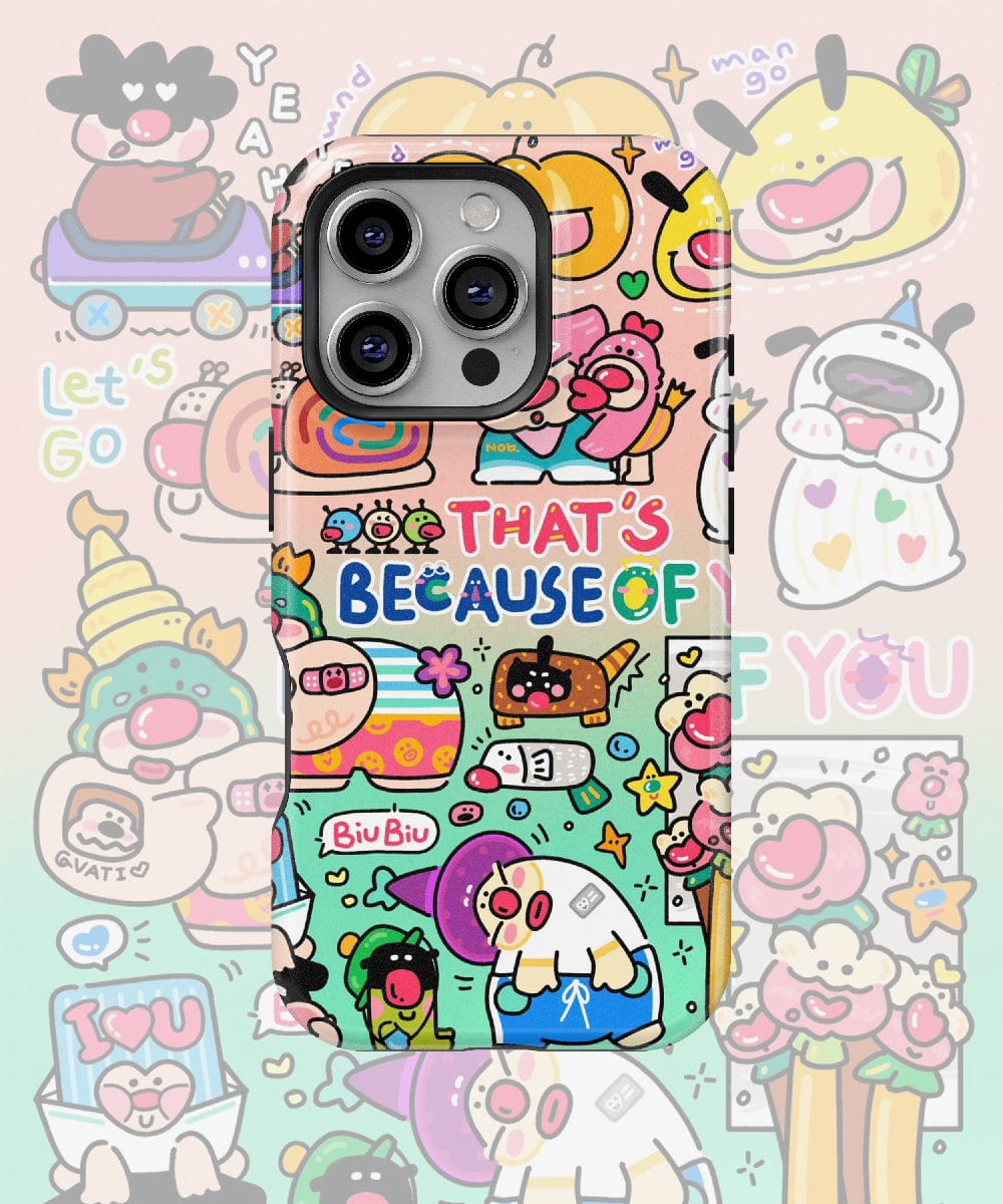 The Whimsical Cartoon Characters iPhone 16 Pro Max Case – Fun Doodle Design, Vibrant Colors, Playful Aesthetic features cheerful cartoon characters with expressions and text that reads "That's Because Of You." This vibrant iPhone case provides the same delightful cartoon pattern on the background while ensuring durable protection for your device.