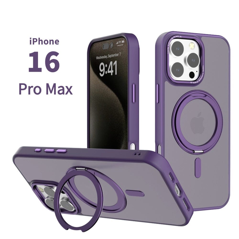 Purple iPhone 16 Pro Max with a Matte Finish iPhone 16 Pro Max Case featuring a Rotating Ring Holder. MagSafe Compatible TPU Protective Cover displayed from three different angles. The time on the screen is 9:41, Wednesday, September 7.