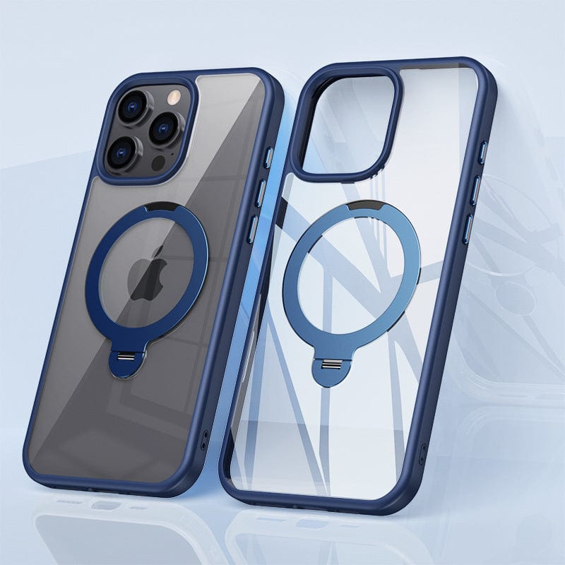 Two Ultra-Thin iPhone 16 Pro Max cases with 360° rotating ring stands and MagSafe compatibility, one with a blue-edged phone inside displaying the Apple logo, and the other empty, revealing its transparent shockproof silicone back.