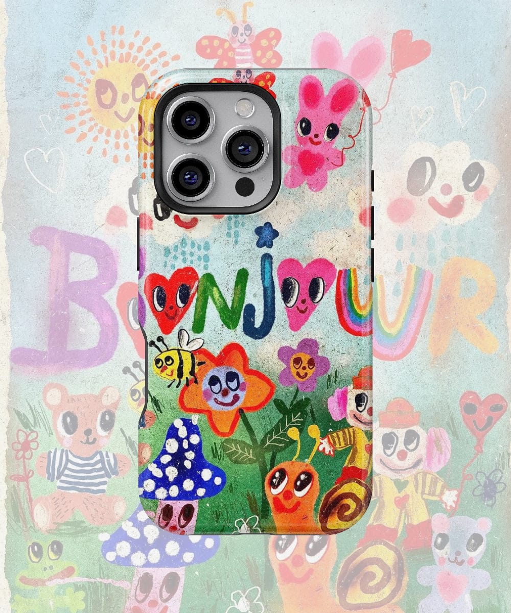 The Bonjour Garden iPhone 16 Pro Max Case features a whimsical nature design with colorful, smiling flowers, cheerful snails, a playful mushroom, and an adorable bunny. The background displays a similarly playful drawing with the word "Bonjour" in vibrant letters. Dual-layer protection ensures your phone remains safe and stylish.