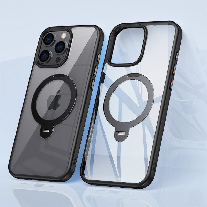 Two Ultra-Thin iPhone 16 Pro Max Cases with 360° Rotating Ring Stands are displayed. One case is black with a dark translucent back, while the other is clear with black edges. Both cases are MagSafe compatible and feature precise cutouts for the camera and buttons in their shockproof silicone shells.