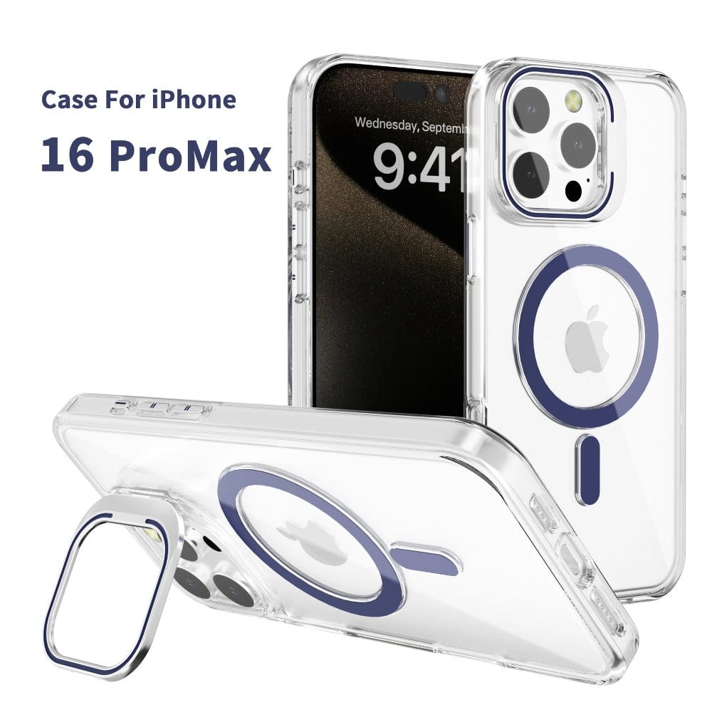 iPhone 16 Pro Max Clear Case with Kickstand featuring a circular purple magnetic ring and an adjustable stand. The phone screen displays the time 9:41 on Wednesday, September 1.