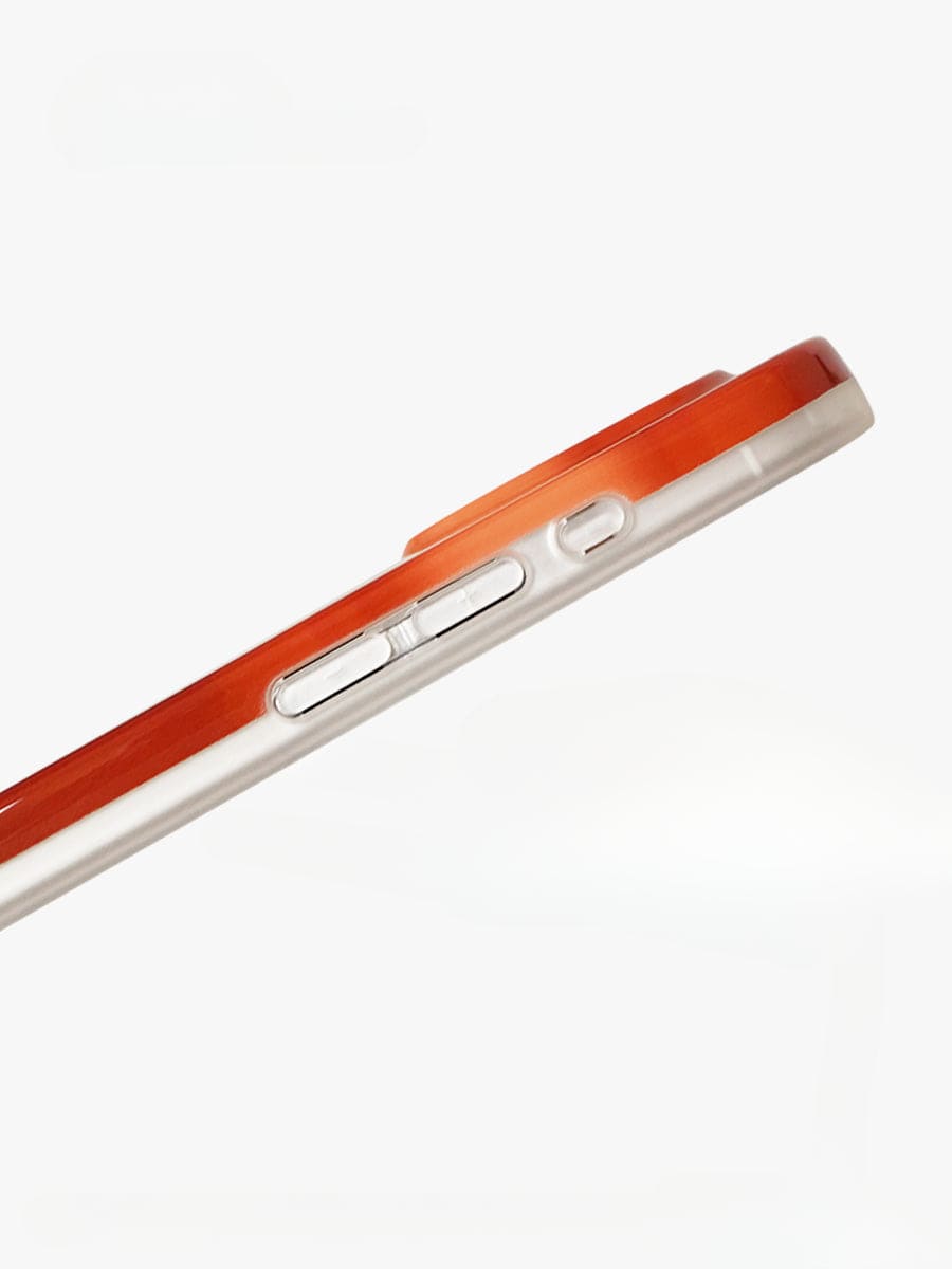 Side view of the Cat Vibes iPhone 16 Pro Max Case featuring a playful orange gradient design and an all-inclusive transparent protective cover. The phone is encased in a vibrant red frame, with visible buttons for volume control and power on its right side. The minimalist design is captured against a white background.