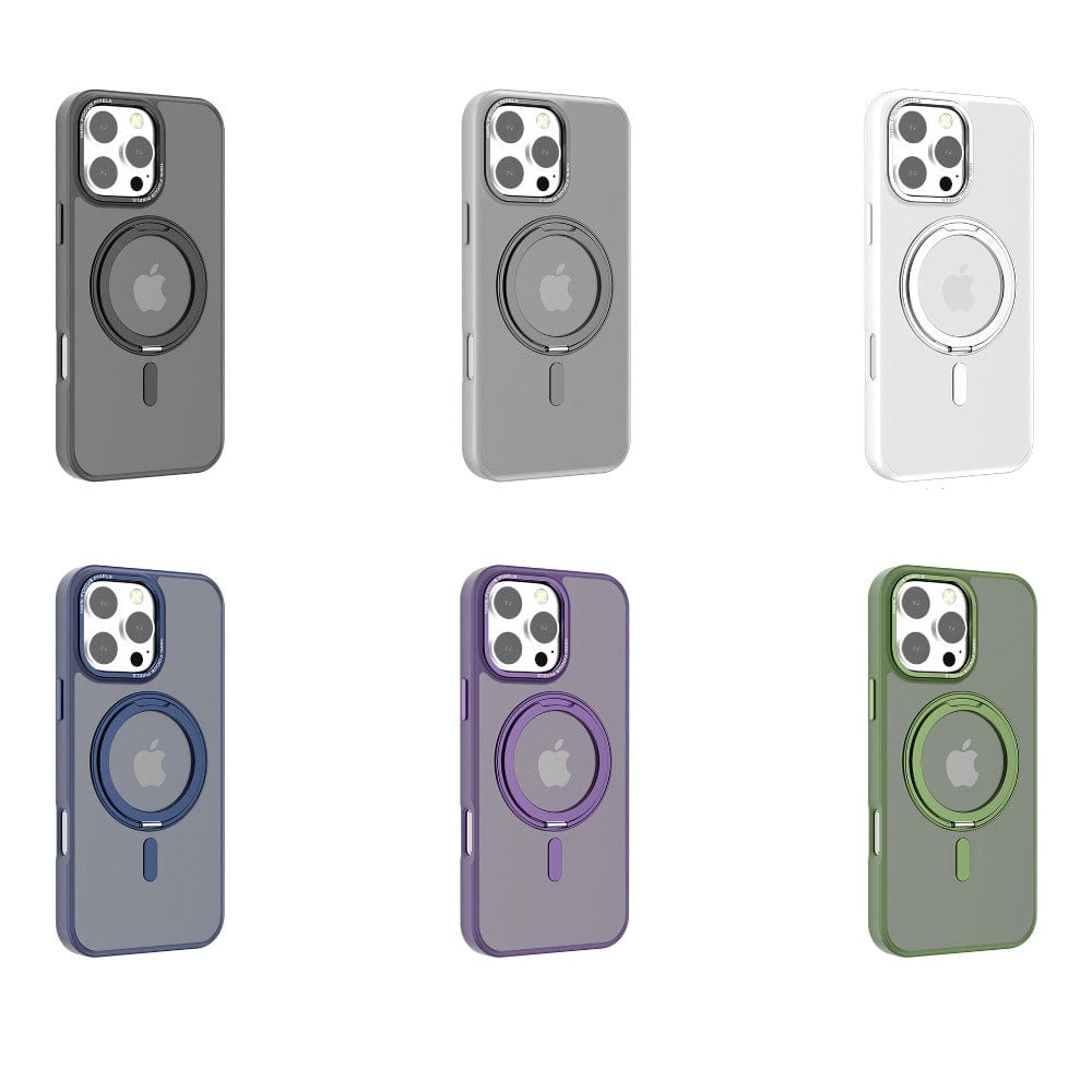 Six Matte Finish iPhone 16 Pro Max Cases with Rotating Ring Holder in various colors (black, grey, white, blue, purple, and green) are displayed. Each case features the Apple logo and a circular MagSafe charging area on the back.