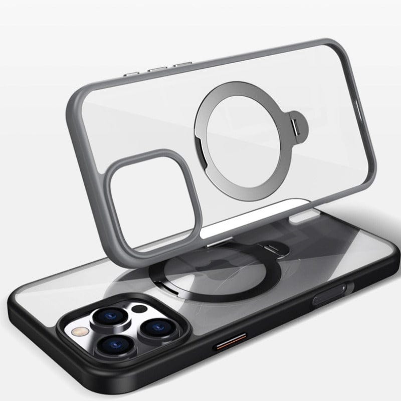 Two Ultra-Thin iPhone 16 Pro Max cases with 360° rotating ring stands are shown. The case on the bottom, which is MagSafe compatible and made of shockproof silicone, has a black border. The case on top has a gray border. Both cases have precise cutouts for cameras and buttons.