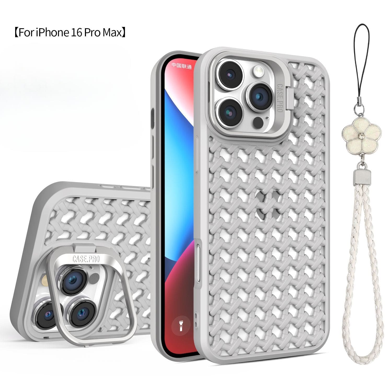 Introducing the Breathable Mesh iPhone 16 Pro Max Case with Camera Stand – a shockproof TPU cover featuring a separate lens cover and an anti-drop, flower-themed, detachable wrist strap.