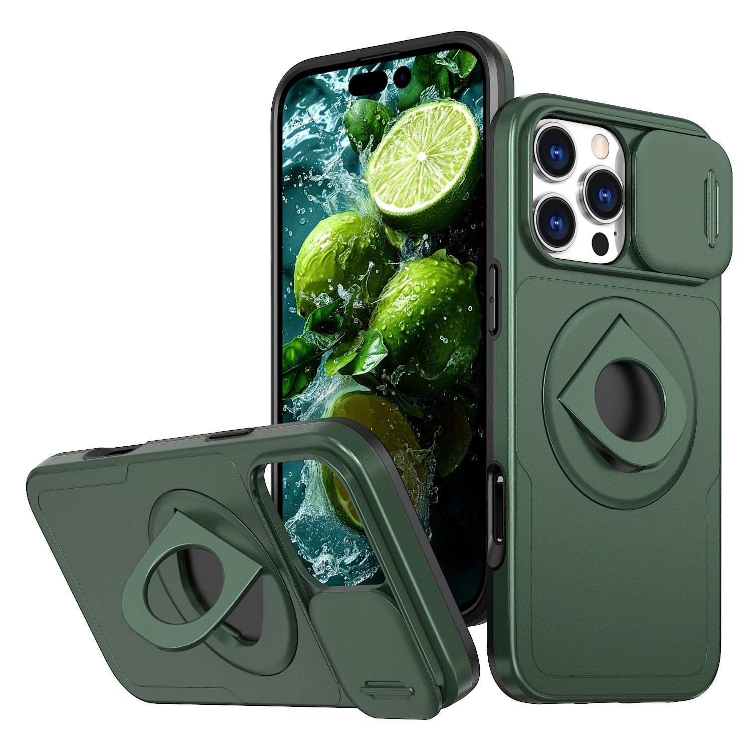 This dark green iPhone 16 Pro Max Case with Sliding Window features a built-in, magnetic ring stand that’s adjustable for optimal viewing angles. The phone screen displays an image of limes with water splashes, and the back camera is safeguarded with a sliding cover for lens protection. The case also boasts an anti-fingerprint, anti-slip, and shockproof TPU+PC design.