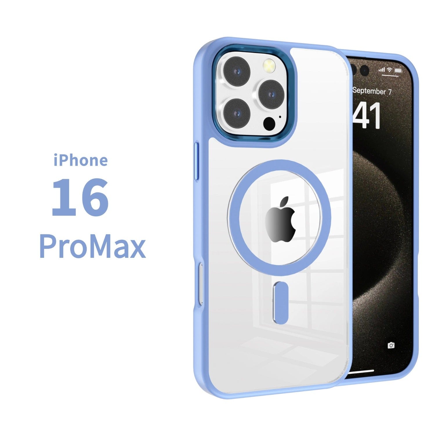 A sleek MagSafe Compatible iPhone 16 Pro Max Case with a clear back and TPU bumper showcases the phone's design. The time on the screen reads 9:41, and the date is September 7.