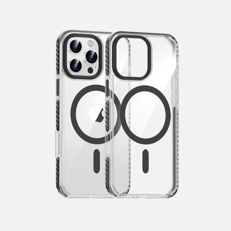 Two iPhone 16 Pro Max Clear MagSafe Cases, featuring shockproof air cushion corners and metal buttons, made from TPU+PC material, showing side and rear views on a white background.