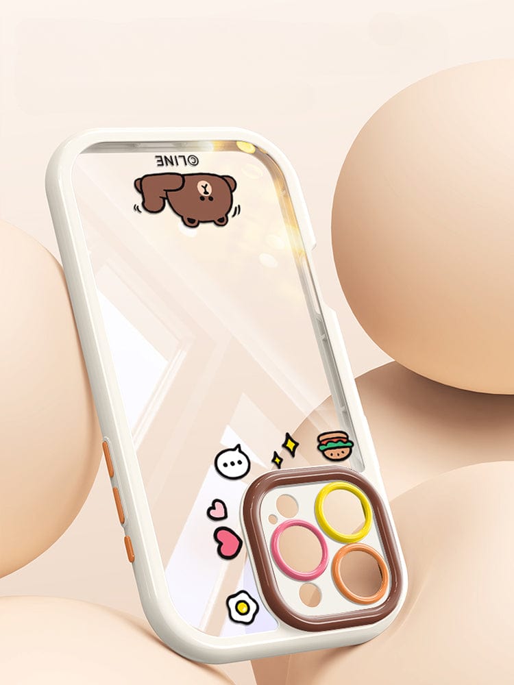 The iPhone 16 Pro Max Case - Cute Cartoon Clear Protective Cover features charming cartoon bear and other small graphic stickers, designed specifically for a smartphone. This case includes a shockproof bumper and precise cutouts for the camera and buttons, ensuring comprehensive protection while maintaining an anti-yellowing transparent back.