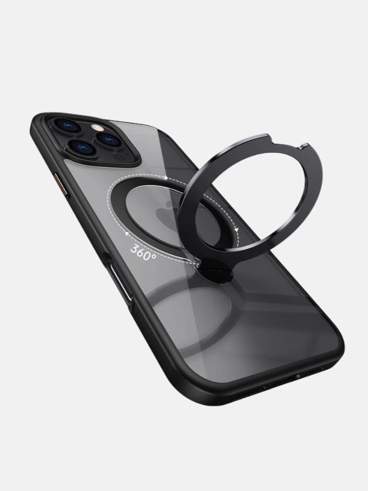 A smartphone with an Ultra-Thin iPhone 16 Pro Max Case featuring a black, shockproof silicone shell and a 360° rotating metallic ring stand on its back, compatible with MagSafe.