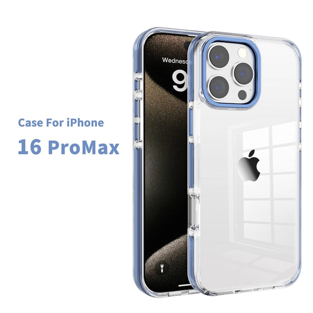 A transparent phone case is shown on a black iPhone with the text "iPhone 16 Pro Max Clear Case with TPU Bumper | Dual-Layer Protection | Transparent PC Back Cover" to the left.