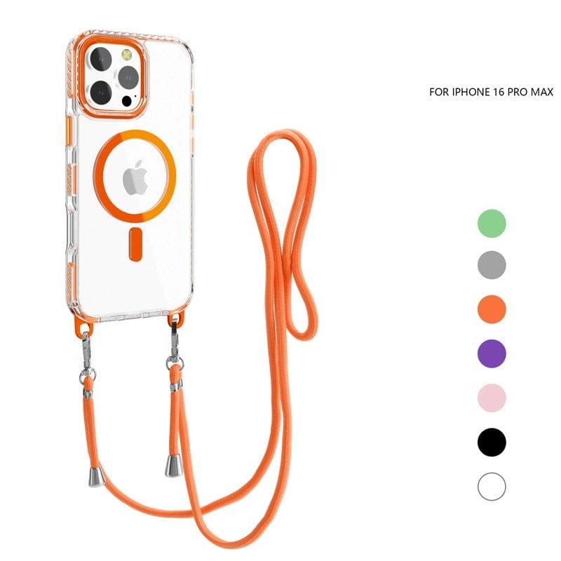 MagSafe Compatible iPhone 16 Pro Max Case with Lanyard - featuring an orange border and crossbody TPU cover. Comes with magnetic adsorption and supports multiple colors, with six small color swatches displayed on the right side.