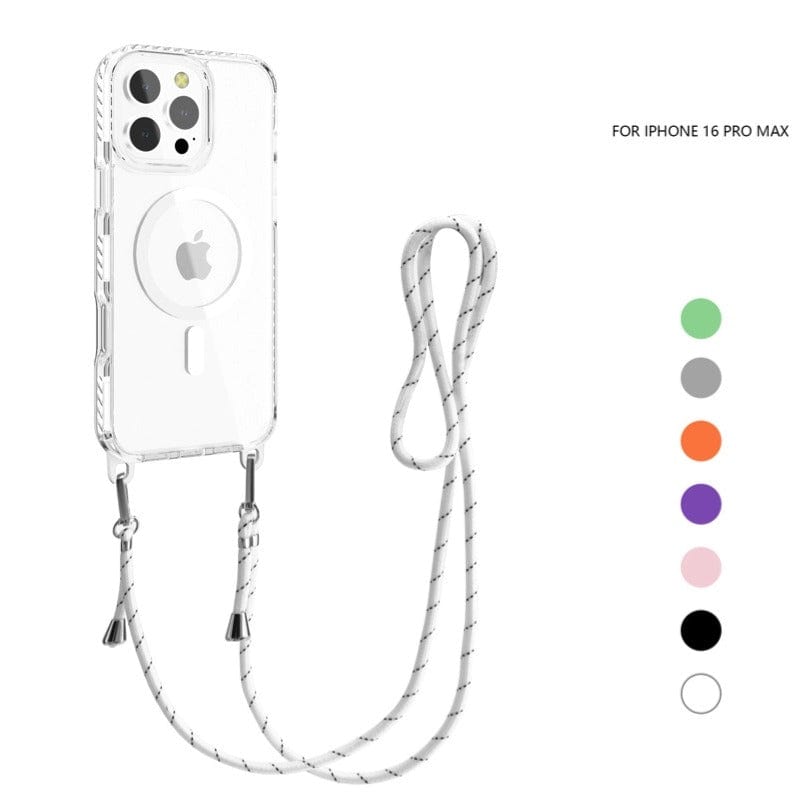 Check out the MagSafe Compatible iPhone 16 Pro Max Case with Lanyard, featuring a built-in neck lanyard and available in vibrant cord colors: green, orange, purple, pink, black, and white. This crossbody TPU cover also offers magnetic adsorption.