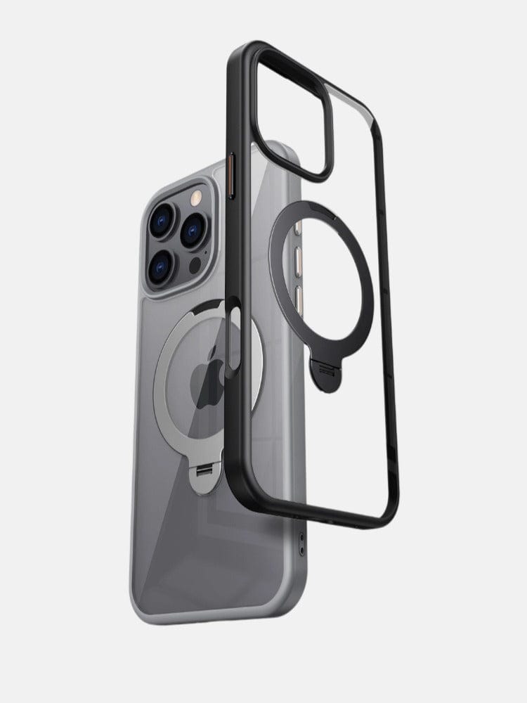 An Ultra-Thin iPhone 16 Pro Max Case with a 360° Rotating Ring Stand and black frame, MagSafe compatible and made from shockproof silicone, is shown beside a smartphone, displaying a circular pattern on the back.