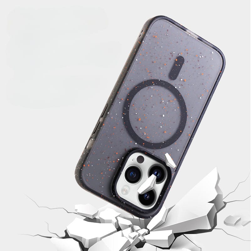 Speckled MagSafe iPhone 16 Pro Max Case - Matte Finish, Shockproof, Anti-Fingerprint, TPU+PC Material displayed on a phone with a cracked background.