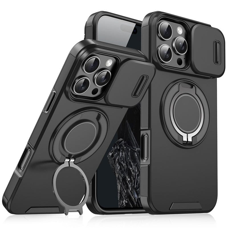 Two black iPhone 16 Pro Max cases featuring invisible stands, sliding camera covers, and MagSafe compatibility.