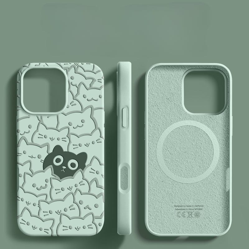 Displayed are three sage green iPhone 16 Pro Max cases, each adorned with a cute cat pattern on one side and a plain design on the other. The middle case, constructed from liquid silicone, highlights detailed features such as button covers. Every cat-themed case provides triple-layer shockproof protection for your device.