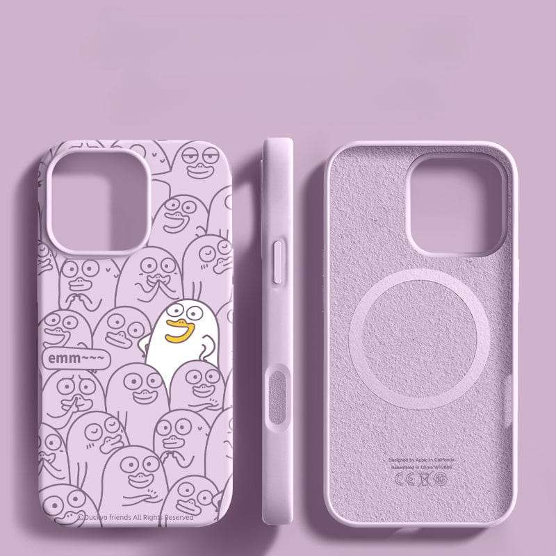 Three iPhone 16 Pro Max cases are displayed against a light purple background. Each case, named the "iPhone 16 Pro Max Case - Emm Duck Cartoon Silicone Protective Cover," features the playful Emm Duck design with a white character among others showing varied facial expressions.