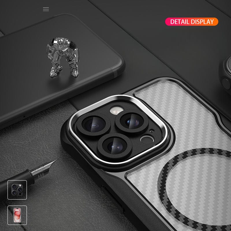 Close-up of a detailed iPhone 16 Pro Max Case in semi-transparent carbon fiber and PC material, showcasing three camera lenses and a small metallic figurine. Text overlay reads "DETAIL DISPLAY".