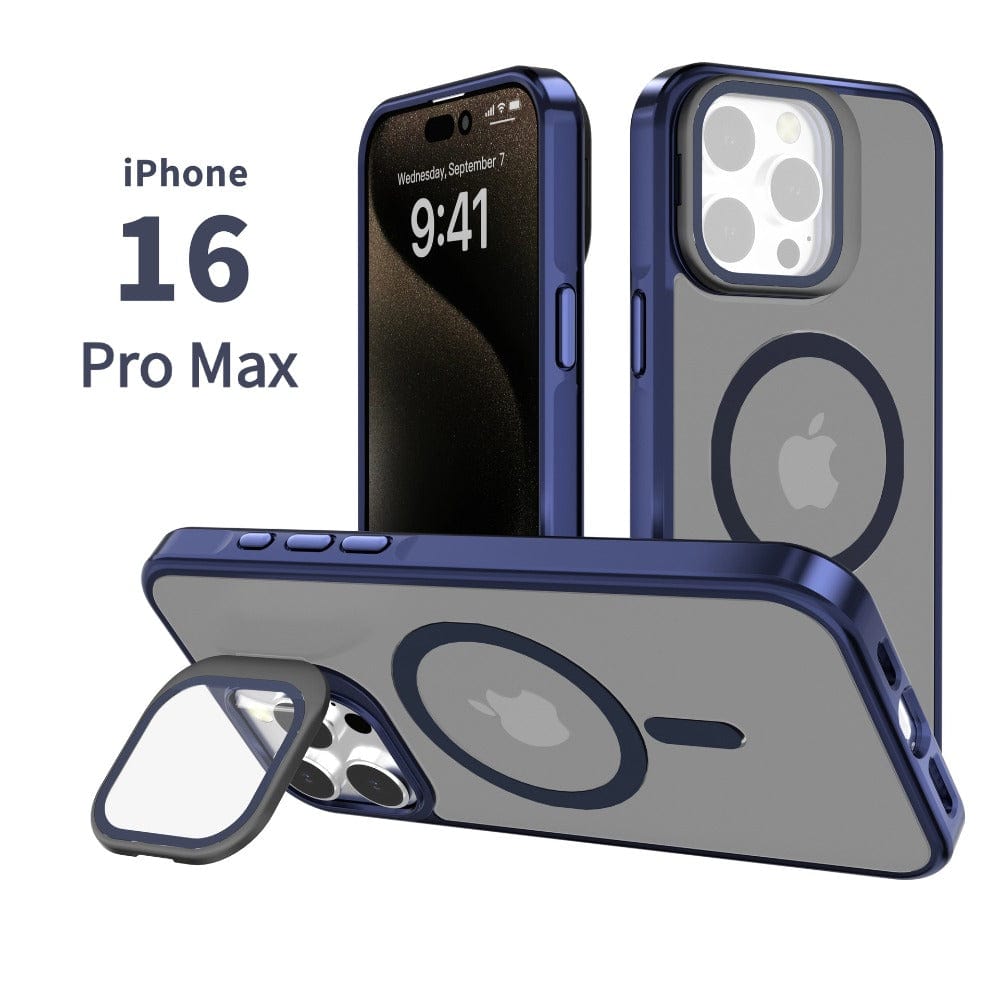 Three views of an iPhone 16 Pro Max in a sleek Silky Touch iPhone 16 Pro Max Case with Ring Holder in blue, featuring a slide-out ring and a circular area for MagSafe compatibility. The phone screen displays the time 9:41 on Wednesday, September 7, with "iPhone 16 Pro Max" text visible. This sophisticated phone case ensures both style and functionality with its soft-touch finish and TPU buttons.