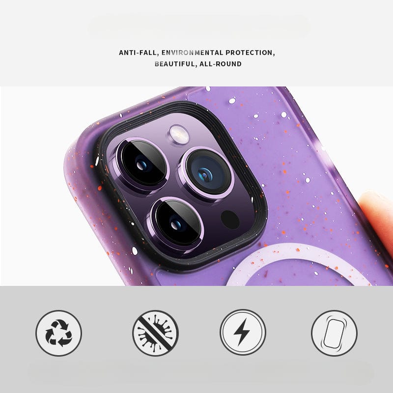 Close-up of the Speckled MagSafe iPhone 16 Pro Max Case, showcasing its purple speckled design with a matte finish, highlighting the rear camera and protective features. Icons include recycle, anti-scratch, shockproof, and screen protection. This case combines TPU+PC material for enhanced durability and is designed to be anti-fingerprint.