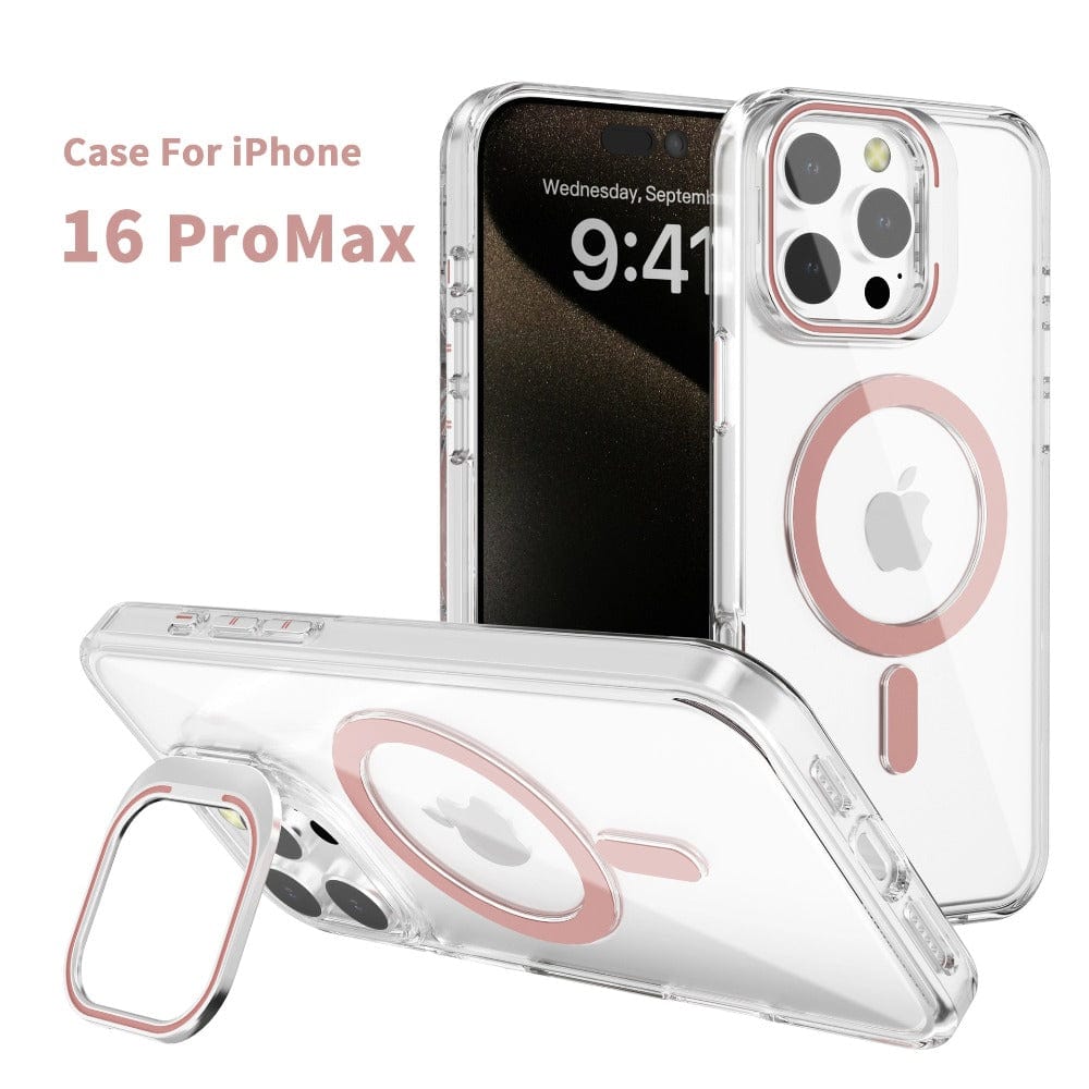 iPhone 16 Pro Max Clear Case with Kickstand and MagSafe Compatibility, featuring purple accents, a circular magnetic ring, and a built-in stand for support, beautifully showcased on the phone.