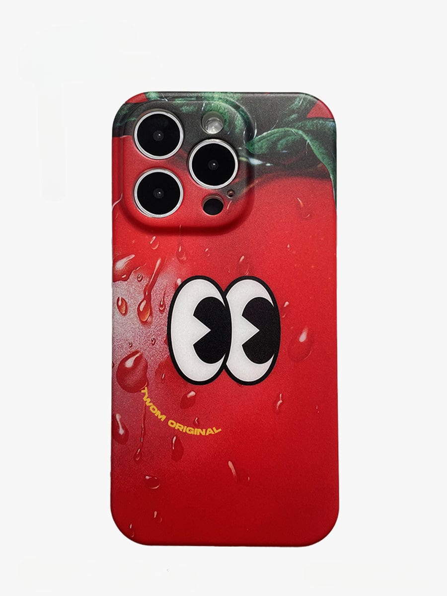 A smartphone encased in the Tomato Face iPhone 16 Pro Max Case, featuring a fun red cartoon design with quirky cartoon eyes and green leaves at the top, resembling a tomato.