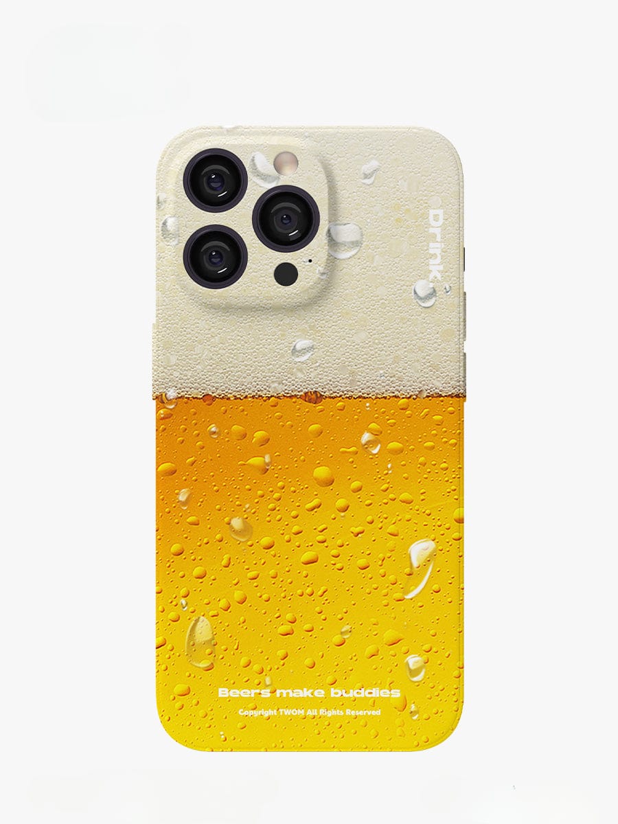 Close-up of the Beer Buddies iPhone 16 Pro Max Case, designed to resemble a glass of beer complete with water droplets and the text "Beers make buddies.