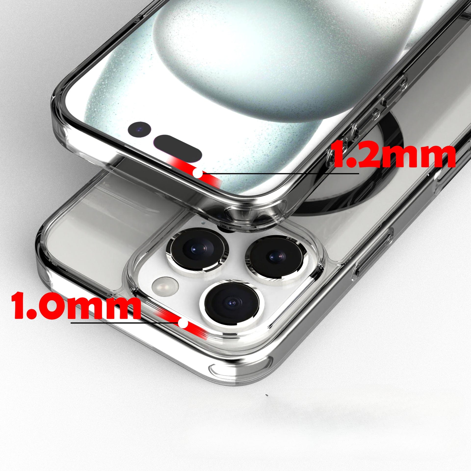 Two iPhone 16 Pro Max smartphones are shown with Ultra-Thin Clear iPhone 16 Pro Max Cases, featuring MagSafe compatibility, shockproof TPU bumper corners, and raised edges (1.2mm around the screen and 1.0mm around the camera) for enhanced protection.