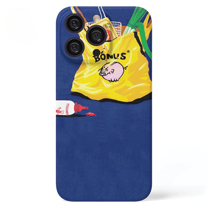 The Quirky Grocery Bag iPhone 16 Pro Max Case - Fun and Durable Protection features an illustration of a yellow plastic shopping bag adorned with the word "Bonus" and a smiling pig logo. The bag holds various grocery items, including a red and white sauce packet spilling halfway out, all set against a solid blue background.