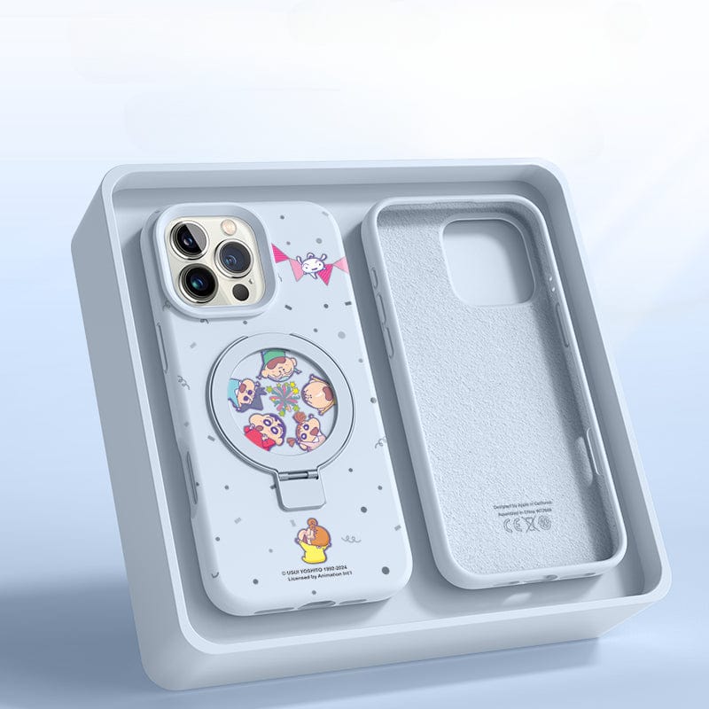 The iPhone 16 Pro Max Cartoon MagSafe Case features a playful cartoon design with various characters inside a circle. Elegantly packaged, it includes an additional compartment for the MagSafe-compatible ring stand. Crafted from high-quality liquid silicone, this shockproof protective cover ensures both durability and style.