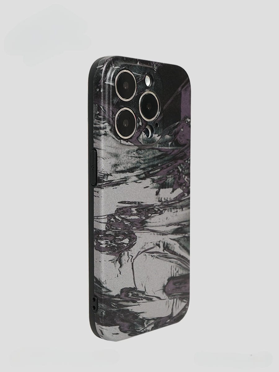 A sleek Monochrome Marble iPhone 16 Pro Max Case with an abstract artistic design viewed from a side angle against a plain background.