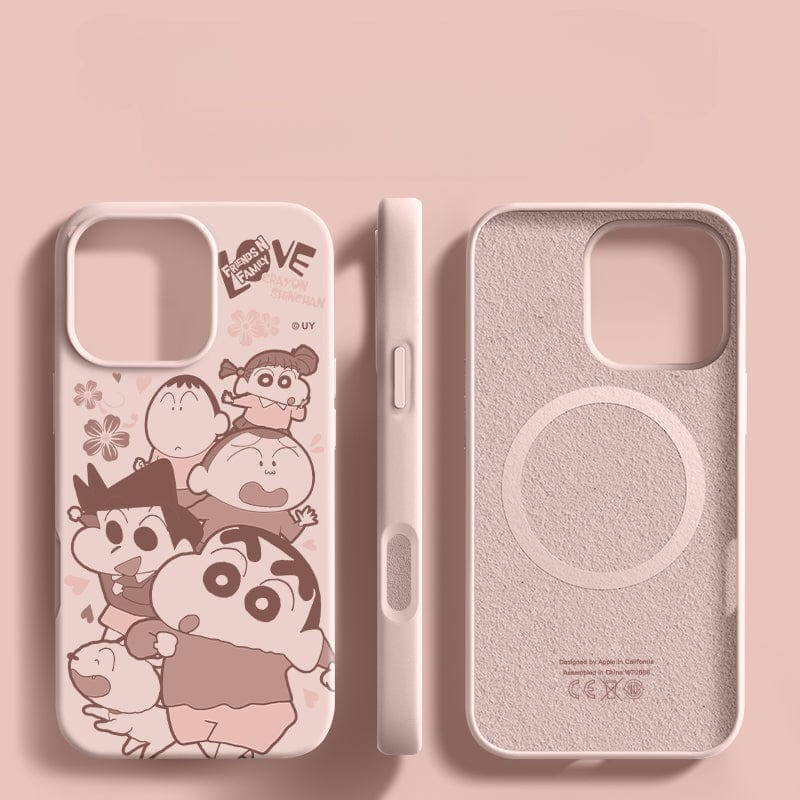 Three perspectives of the iPhone 16 Pro Max Crayon Shinchan Friends Case, showcasing cartoon characters on the back, with the central figure holding a banner that reads "Love." The case features a soft touch finish and triple-layer shockproof protection, and it is MagSafe-compatible.