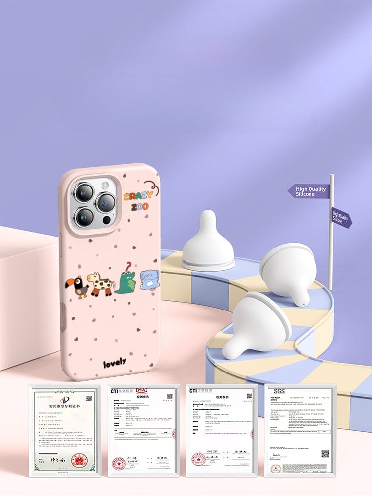 The iPhone 16 Pro Max Crazy Zoo Case, boasting a cute animal design and made from liquid silicone for shockproof and anti-dust protection, is displayed next to three baby bottle nipples and several certificates with text in Chinese. The background features purple and beige geometric shapes.