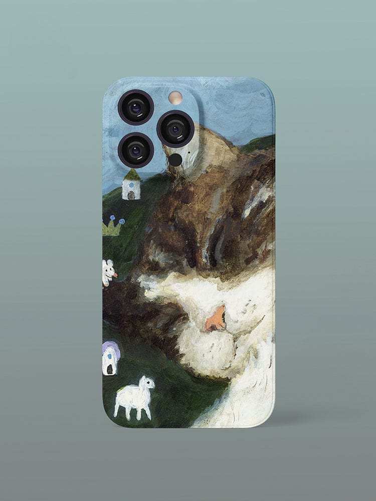 The Whimsical Cat Dream iPhone 16 Pro Max Case showcases an artistic and playful design featuring a serene sleeping cat. Surrounding the cat are small painted white sheep and tiny cottages on green hills, all set against a soft blue sky, providing both beauty and full protection for your device.