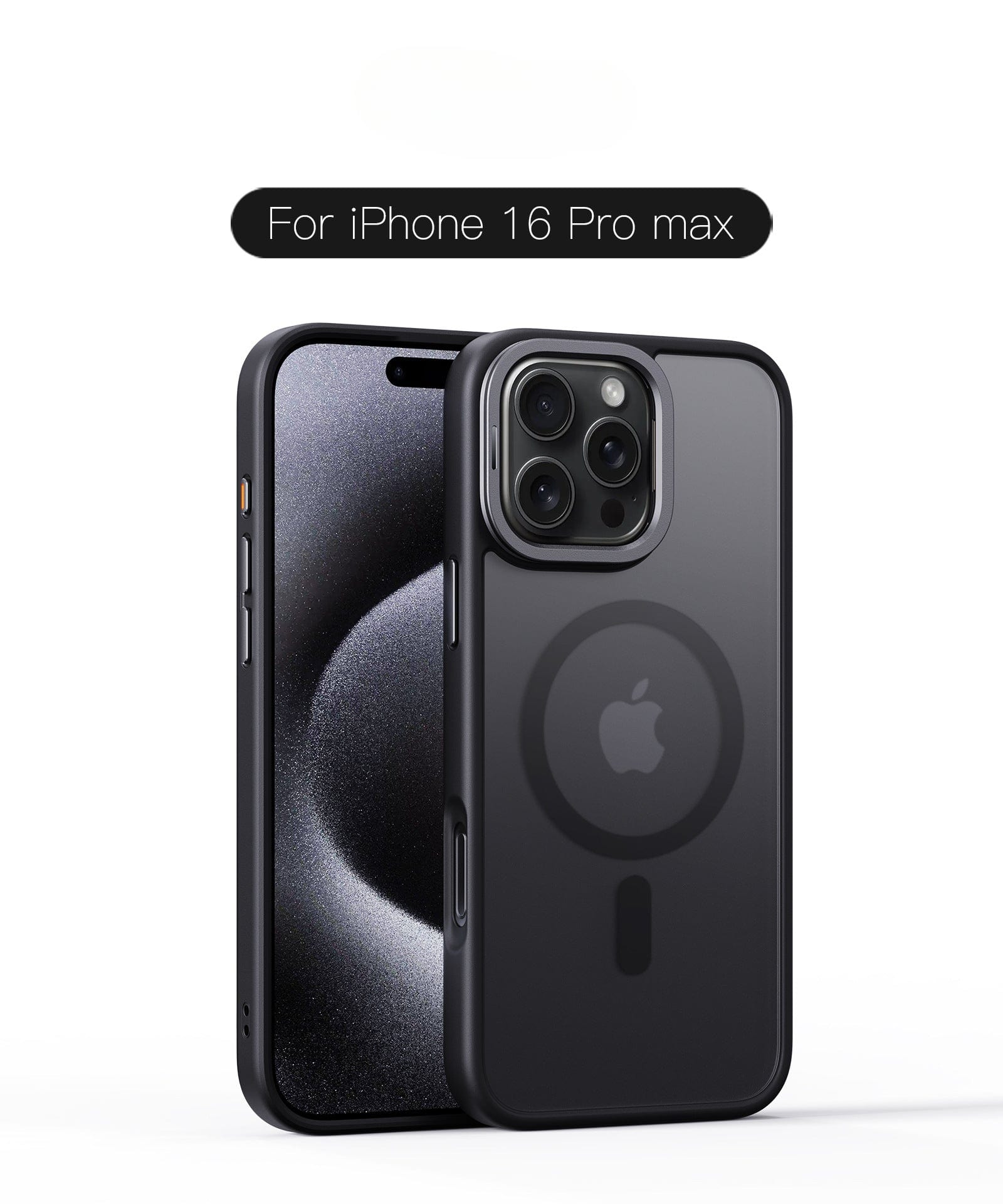 Black MagSafe iPhone 16 Pro Max Case with Invisible Stand, featuring anti-scratch and drop protection in TPU material. Precisely cut out for camera lenses and shown fitted on an iPhone 16 Pro Max.