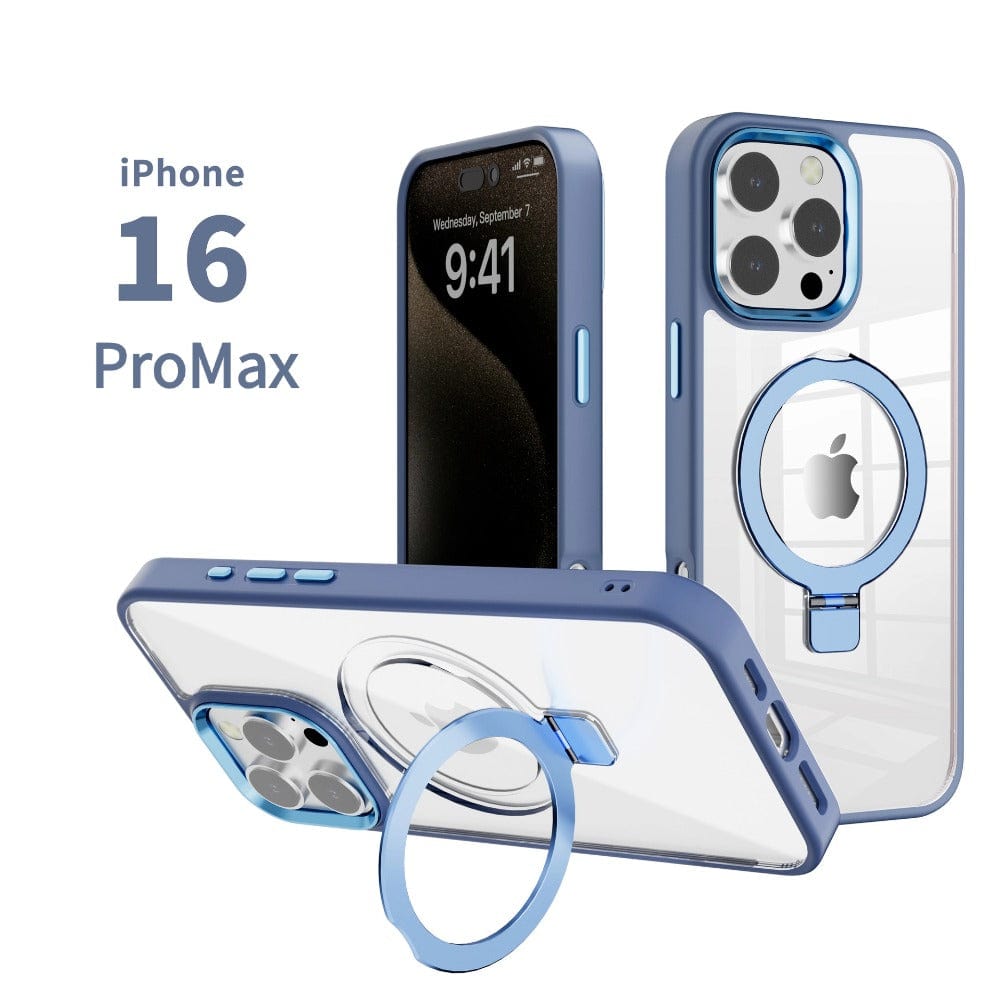 iPhone 16 Pro Max with a sleek blue case featuring a built-in ring holder, shown front and back. This iPhone 16 Pro Max Case is MagSafe compatible, has a TPU bumper, and a clear back cover.