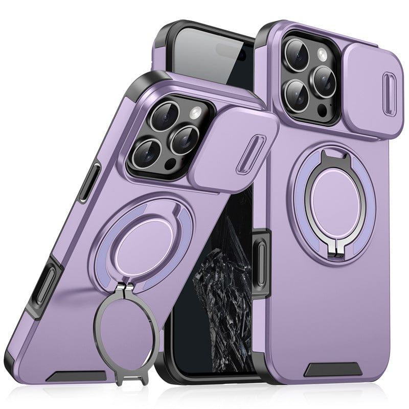 Two iPhone 16 Pro Max cases in purple, featuring built-in invisible stands and sliding camera covers, are displayed. One stands upright while the other is angled, highlighting both the back and front of a smartphone. These MagSafe compatible cases offer a blend of functionality and style with shockproof airbag protection.