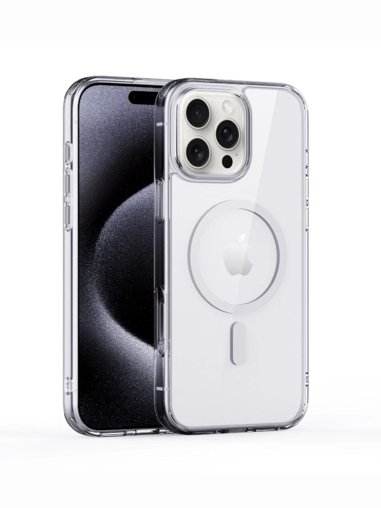 A modern iPhone is shown with a triple camera setup on the back, encased in a Transparent iPhone 16 Pro Max Case with MagSafe. The phone is positioned upright, highlighting its sleek design and circular MagSafe feature on the back case, providing shockproof protection and a reinforced PC backplate.