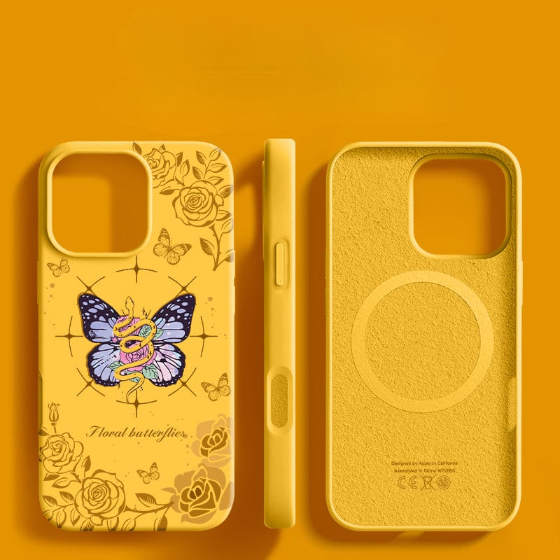 The iPhone 16 Pro Max Floral Butterfly Case - Liquid Silicone, Shockproof, Anti-Yellowing, Soft Touch in yellow showcases butterflies, flowers, and a tiger graphic. Another view reveals the case's edge, interior, and its triple-layer shockproof structure.