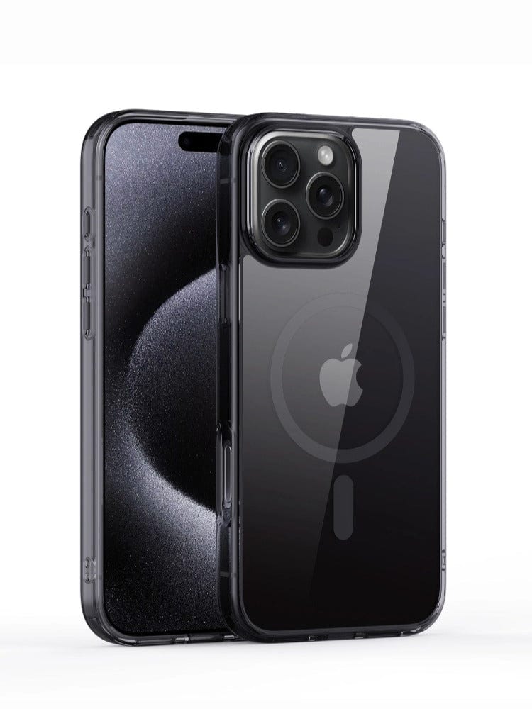 A black iPhone 16 Pro Max with a camera bump featuring three lenses and a flash, encased in a Transparent iPhone 16 Pro Max Case with MagSafe, Shockproof Protection, and Reinforced PC Backplate. The phone screen displays a dark, abstract wallpaper. Both front and back views of the device are visible.