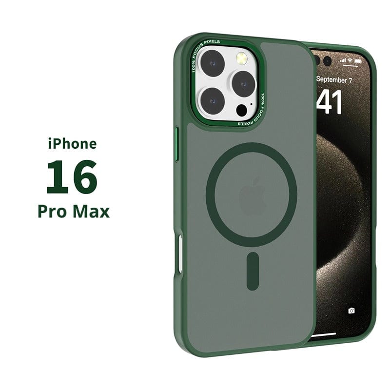 A sleek green MagSafe iPhone 16 Pro Max Case with a soft-touch finish and anti-slip design on an iPhone 16 Pro Max, featuring a visible clock displaying 9:41.