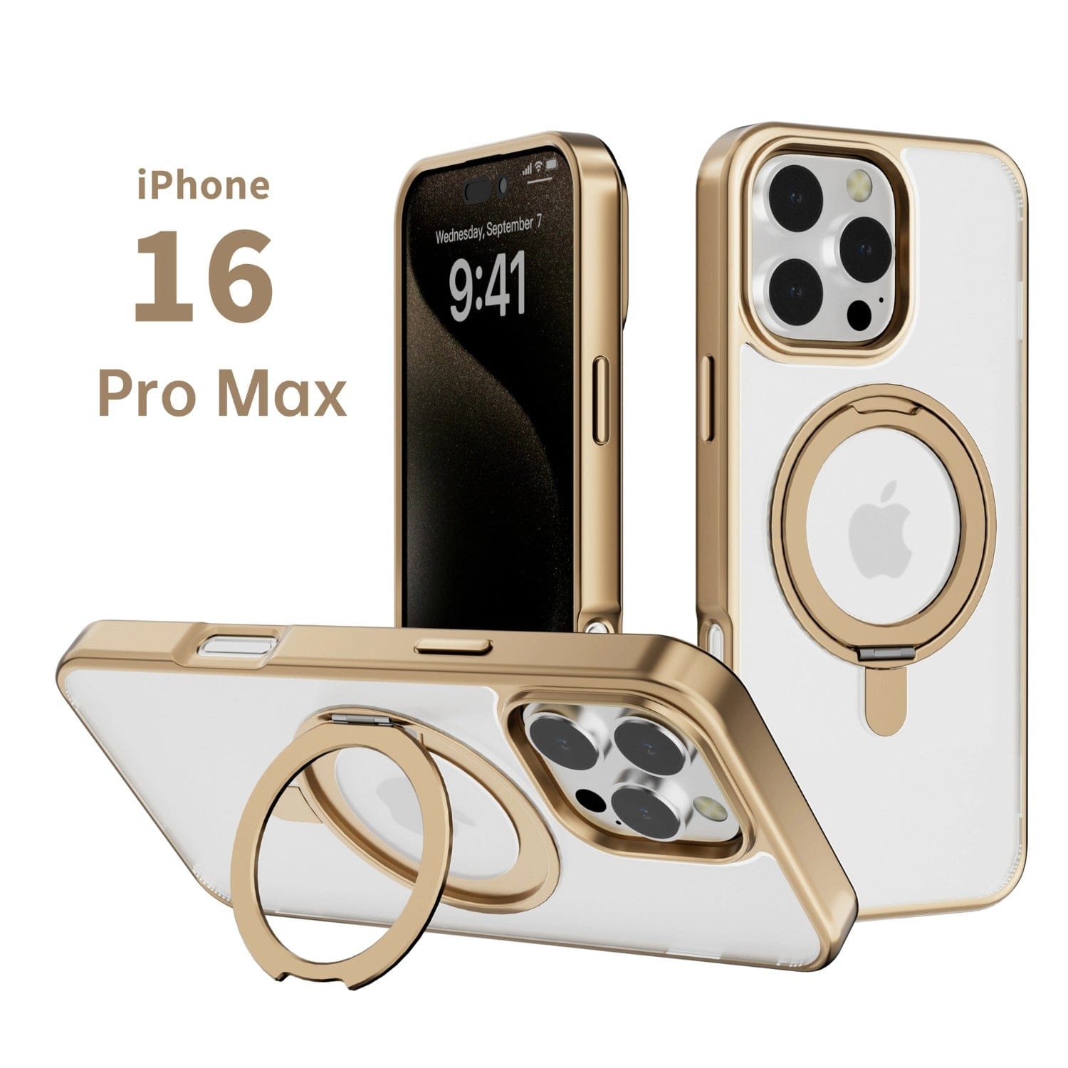 Three angles of an iPhone 16 Pro Max in a sleek gold iPhone 16 Pro Max Case with Ring Holder. The displayed time on one screen is 9:41.