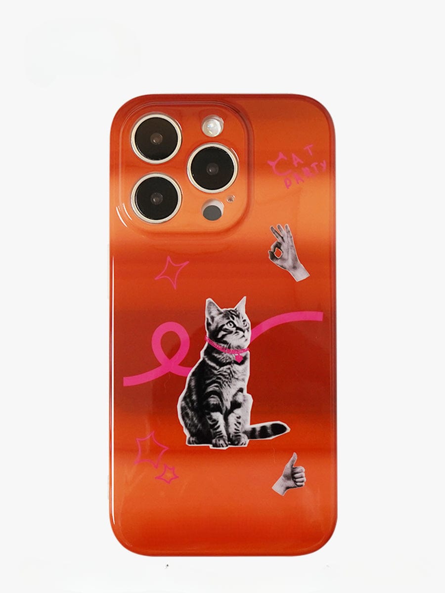 The Cat Vibes iPhone 16 Pro Max Case boasts a playful orange gradient design and includes various stickers such as a seated cat with a pink ribbon, "Cat Party" text, an "OK" hand sign, a pointing hand, a thumbs-up, and small star-like shapes. This fun all-inclusive protective cover accommodates three camera lenses and a flash.