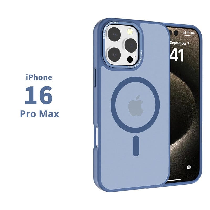 A blue iPhone 16 Pro Max equipped with a MagSafe iPhone 16 Pro Max Case, featuring a soft-touch finish, TPU+PC material, anti-slip properties, and a metal camera frame. The device includes three rear cameras and displays the time and date on the front screen from a side view.